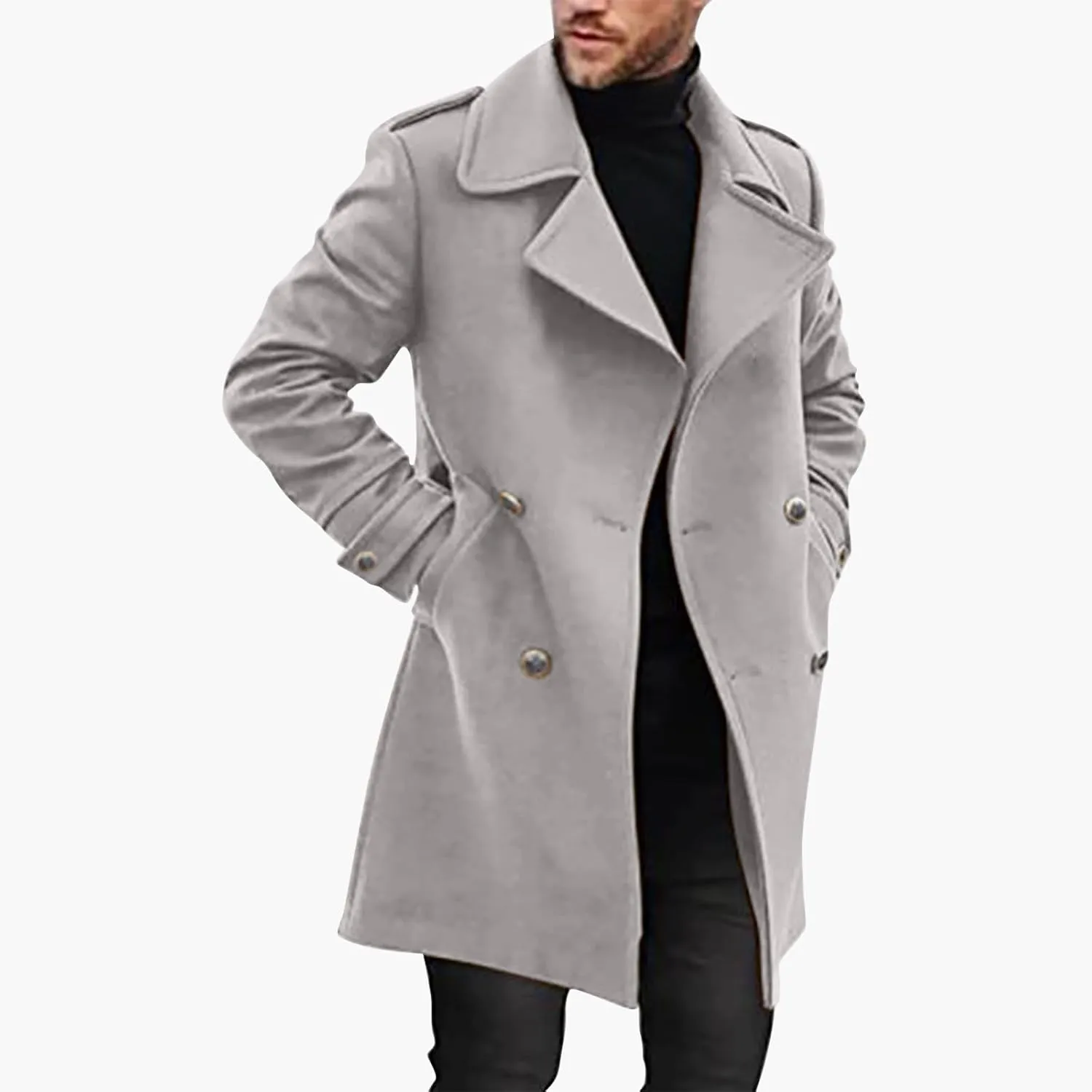 Zeiyignr Mens Double Breasted Trench Coat Casual Lapel Collar Business Winter Long Overcoats Wool Blend Pea Coat Windbreaker