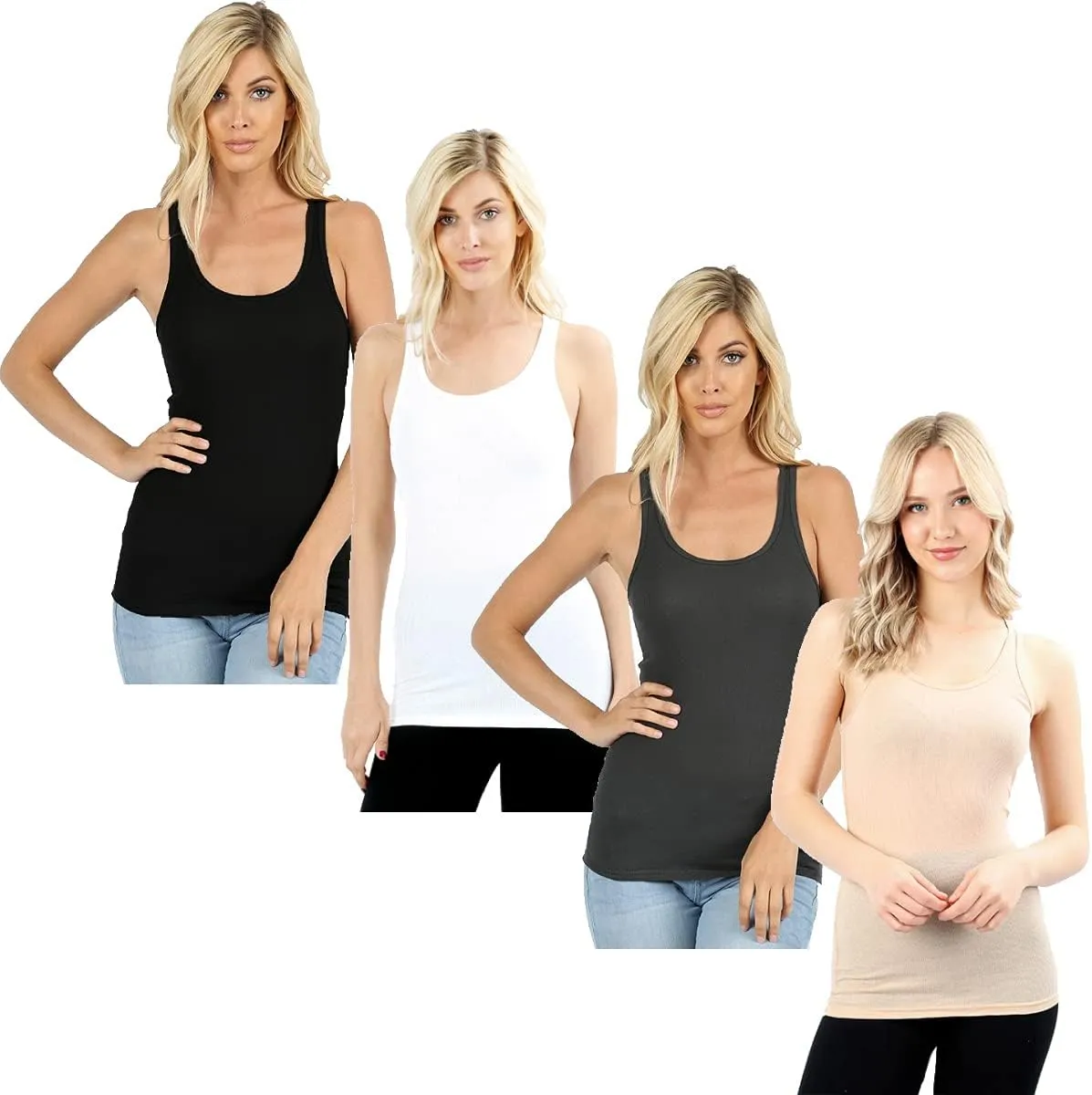 Zenana Outfitters 4 Pack Womens Basic Ribbed Racerback Tank Top